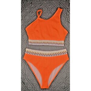 Womens 3XL Neon Orange Tankini Swimsuit Set Textured Fabric Adjustable Straps
